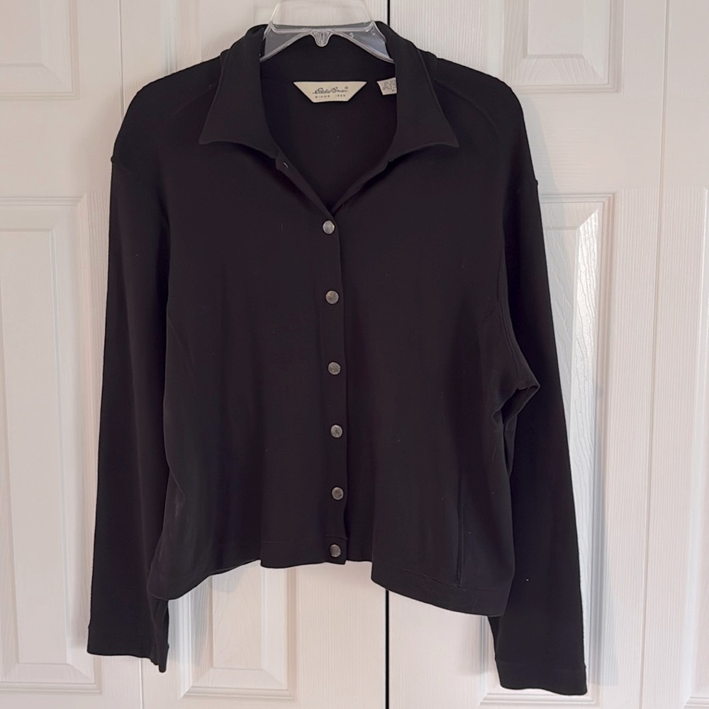 Vintage Eddie Bauer Women's Black Metallic Snap-Down Collared Cardigan- Size XL